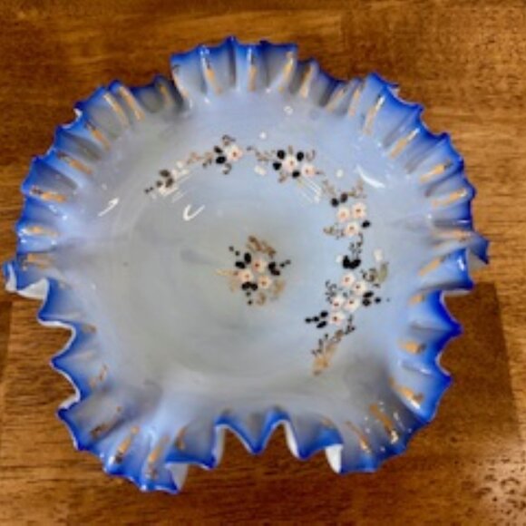 Victorian Style Ruffle Milk Glass Bowl Hand Painted Floral Blue Edge Brides Bowl - Picture 3 of 5